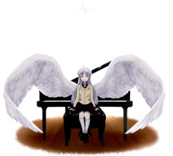 Rule 34 | 10s, 1girl, angel beats!, bad id, bad pixiv id, blazer, bowed wings, grand piano, highres, instrument, jacket, kneehighs, large wings, piano, piano bench, school uniform, silver hair, sitting, skirt, socks, solo, tenshi (angel beats!), tommy (lonely hammy), wings, yellow eyes