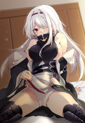 Rule 34 | 1girl, azur lane, belt, boots, breasts, clothes lift, colorado (azur lane), commentary request, cross-laced footwear, detached sleeves, futon, headband, highres, lace-up boots, lifted by self, long hair, looking at viewer, medium breasts, nagato (user wnac3585), panties, sideboob, sitting, skirt, skirt lift, solo, thighhighs, underwear, white panties