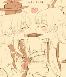 Rule 34 | 2015, 2girls, :d, ^ ^, bad id, bad twitter id, blush, bow, box, buttons, closed eyes, collared shirt, cookie, couple, dated, earrings, food, from side, fujiwara no mokou, gift, gift box, hat, heart, jewelry, kamishirasawa keine, long hair, mouth hold, multiple girls, open mouth, overalls, shared food, sharing food, shinoasa, shirt, sidelocks, smile, touhou, valentine, yuri