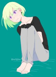 Rule 34 | 1boy, barefoot, blush, bob cut, earrings, green hair, hands on own knees, hat0g0han, highres, jewelry, legs together, lio fotia, male focus, pants, promare, purple eyes, shirt, short hair, signature, simple background, sitting, solo