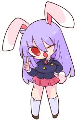 Rule 34 | 1girl, animal ears, blazer, blouse, buttons, collared shirt, crescent, crescent pin, highres, jacket, light purple hair, long hair, long sleeves, miniskirt, necktie, one eye closed, op na yarou, open mouth, pink skirt, pleated skirt, pointing, pointing up, purple hair, rabbit ears, rabbit tail, red eyes, red necktie, reisen udongein inaba, shirt, simple background, skirt, smile, socks, solo, tail, touhou, very long hair, white background, white shirt, white socks
