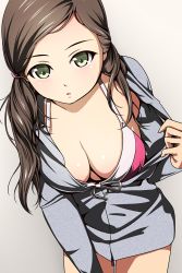 Rule 34 | 1girl, :o, bikini, bikini under clothes, breasts, brown hair, cleavage, cowboy shot, downblouse, front-tie top, gradient background, green eyes, highres, jacket, long hair, looking at viewer, matsunaga kouyou, original, solo, swimsuit, twintails
