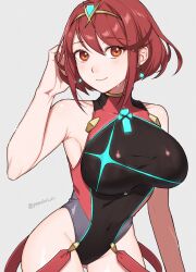 Rule 34 | 1girl, bare shoulders, black one-piece swimsuit, breasts, chest jewel, competition swimsuit, covered collarbone, dangle earrings, earrings, gem, headpiece, highres, jewelry, large breasts, looking at viewer, one-piece swimsuit, peach11 01, pyra (pro swimmer) (xenoblade), pyra (xenoblade), red eyes, red hair, red one-piece swimsuit, ribbed swimsuit, short hair, simple background, solo, striped clothes, striped one-piece swimsuit, swept bangs, swimsuit, tiara, twitter username, two-tone swimsuit, vertical-striped clothes, vertical-striped one-piece swimsuit, xenoblade chronicles (series), xenoblade chronicles 2