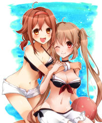 Rule 34 | 10s, 2girls, :d, ;), ahoge, ball, bare shoulders, beachball, bikini, bikini skirt, bikini top only, blush, breasts, brown hair, groin, hair ornament, hair ribbon, hairband, hand on another&#039;s shoulder, hug, kantai collection, light brown hair, long hair, looking at viewer, low twintails, medium breasts, multiple girls, murasame (kancolle), navel, no panties, one eye closed, open mouth, orange eyes, physali, red eyes, red hairband, ribbon, shiratsuyu (kancolle), short hair, short shorts, short twintails, shorts, skirt, smile, swimsuit, tan, tanline, twintails, twitter username, white shorts, white skirt