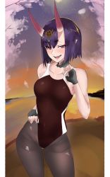 Rule 34 | 1girl, absurdres, alternate costume, beach, black one-piece swimsuit, blush, bob cut, breasts, brown one-piece swimsuit, cherry blossoms, choker, commentary, competition swimsuit, cowboy shot, eyeliner, fangs, fate/grand order, fate (series), fingerless gloves, gloves, hand on own hip, headpiece, highres, horizon, horns, kasumi saika, looking at viewer, makeup, one-piece swimsuit, oni, open mouth, pantyhose, pantyhose under swimsuit, pointy ears, purple eyes, purple hair, short eyebrows, short hair, shuten douji (fate), skin-covered horns, sky, small breasts, smile, solo, star (sky), starry sky, strap pull, sunset, swimsuit