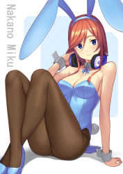 Rule 34 | 1girl, 3:, animal ears, arm support, ass, bare shoulders, black pantyhose, blue bow, blue eyes, blue footwear, blue leotard, bow, breasts, character name, cleavage, closed mouth, collarbone, commentary, crossed ankles, detached collar, fake animal ears, fake tail, frown, go-toubun no hanayome, head tilt, headphones, headphones around neck, high heels, knees up, leotard, long hair, medium breasts, nakano miku, orange hair, pantyhose, playboy bunny, polka dot, polka dot background, rabbit ears, rabbit tail, revision, saiste, sitting, solo, strapless, strapless leotard, swept bangs, tail, wrist cuffs
