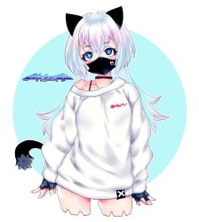 Rule 34 | + +, 1girl, animal ears, black choker, black gloves, black mask, blue eyes, blush, cat ears, cat tail, choker, circle, collarbone, commentary request, cowboy shot, cropped legs, fingerless gloves, gloves, hair between eyes, highres, long hair, mask, mouth mask, mudou eichi, off shoulder, original, single bare shoulder, solo, straight-on, sweater, tail, two-tone background, white hair, white sweater