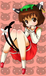 Rule 34 | 1girl, animal ears, blush, brown eyes, brown hair, cat ears, cat girl, cat tail, chen, china dress, chinese clothes, dress, earrings, female focus, full body, hat, jewelry, michii yuuki, multiple tails, ribbon, short hair, solo, tail, tail ornament, tail ribbon, touhou
