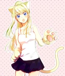 Rule 34 | 1girl, :o, animal ears, animal hands, bare arms, bare shoulders, blonde hair, blue eyes, blush, blush stickers, cat ears, cat paws, cat tail, cowboy shot, expressionless, floating hair, fullmetal alchemist, head tilt, long hair, looking at viewer, open mouth, pink background, polka dot, polka dot background, ponytail, shirt, simple background, skirt, sleeveless, sleeveless shirt, solo, standing, tail, teeth, thighs, tsukuda0310, upper body, white shirt, winry rockbell
