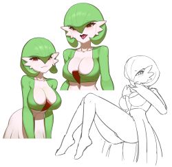 Rule 34 | 1girl, :3, absurdres, arms at sides, blush, bob cut, breasts, cleavage, closed mouth, collarbone, colored skin, cowboy shot, creatures (company), cropped torso, female focus, full body, game freak, gardevoir, gen 3 pokemon, green hair, green skin, hair between eyes, hair over one eye, half-closed eyes, hands up, highres, invisible chair, knees together feet apart, large breasts, leaning forward, legs, looking at viewer, multicolored skin, multiple views, nintendo, one eye covered, partially colored, pokemon, pokemon (creature), red eyes, short hair, simple background, sitting, tongue, tongue out, two-tone skin, upper body, white background, white skin, yawar