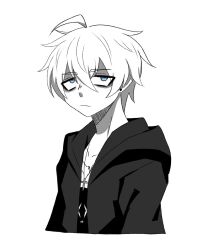 Rule 34 | 1boy, ahoge, bags under eyes, blue eyes, cross, cross necklace, highres, hood, hoodie, iamghostskull, jewelry, monochrome, necklace, open clothes, open hoodie, original, shirt, t-shirt, tired eyes, white background