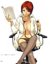 Rule 34 | 1girl, blue eyes, breasts, breasts apart, cameltoe, chair, doctor, glasses, happoubi jin, highres, lab coat, crossed legs, makeup, nail polish, no bra, open clothes, open shirt, panties, red hair, scan, shirt, short hair, sitting, solo, stethoscope, thighhighs, underwear