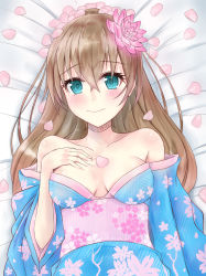Rule 34 | 10s, 1girl, aqua eyes, blush, breasts, brown hair, cherry blossoms, flower, hair flower, hair ornament, highres, japanese clothes, kantai collection, kimono, kumano (kancolle), long hair, looking at viewer, lotus, no bra, off shoulder, smile, solo, t-ippers, upper body