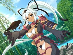 Rule 34 | 1girl, animal, animal on arm, armor, bamboo, bamboo forest, bead necklace, beads, bird, bird on arm, black bird, black bow, black eyes, black feathers, black ribbon, black wings, blue sky, blush, bow, bra, breasts, cleavage, cloud, crow, dark-skinned female, dark skin, day, falling feathers, feathers, forest, gourd, groin, hair bow, hair ribbon, hat, high ponytail, japanese armor, japanese clothes, jewelry, kote, kurokote, large breasts, linea alba, long hair, long sleeves, looking at viewer, mask, mountain, mountainous horizon, nature, navel, necklace, official alternate costume, official art, open mouth, outdoors, panties, pom pom (clothes), ponytail, revealing clothes, ribbon, ribbon-trimmed bra, river, rock, senran kagura, senran kagura new link, senran kagura new wave, shoulder armor, sky, smile, sode, solo, tassel, tengu mask, thigh strap, tokin hat, tongue, tree, underboob, underwear, very long hair, water, white bra, white hair, white panties, wings, yaegashi nan, yuyaki (senran kagura)