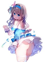 Rule 34 | 1girl, ass, bare shoulders, blue bow, blue dress, blue eyes, blue hairband, blush, bow, chikuwa., commentary request, dress, fur-trimmed dress, fur trim, girls&#039; frontline, hair bow, hair intakes, hair ornament, hairband, hands up, highres, light brown hair, long hair, long sleeves, looking at viewer, looking back, off-shoulder dress, off shoulder, official alternate costume, see-through, simple background, snowflake hair ornament, solo, suomi (girls&#039; frontline), suomi (korvatunturi pixie) (girls&#039; frontline), sweat, thighhighs, torn clothes, torn dress, wet, wet clothes, white background, white thighhighs