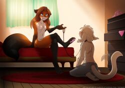 Rule 34 | 1boy, 1girl, animal ears, blue eyes, breasts, brown hair, cat boy, cat ears, cat tail, fox ears, fox girl, fox tail, furry, furry female, furry male, highres, laura (twokinds), long hair, midriff, nipples, small breasts, source request, tail, third-party edit, tom fischbach, twokinds