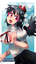 Rule 34 | 1girl, bird wings, black skirt, black wings, blush, breasts, carte, collared shirt, commentary request, cowboy shot, eyeliner, hat, large breasts, looking to the side, makeup, medium bangs, neck ribbon, open mouth, pink eyeliner, pink eyes, pointy ears, red eyes, red hat, red ribbon, ribbon, shameimaru aya, shirt, short hair, simple bird, skirt, smile, solo, tokin hat, touhou, white shirt, wings
