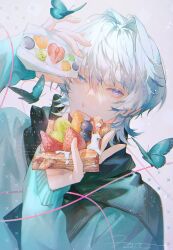 Rule 34 | 1boy, blue eyes, blue hair, bug, butterfly, cake, cake slice, candy, close-up, closed mouth, food, fruit, hair between eyes, hato (dovecot), highres, holding, holding cake, holding food, insect, light blue hair, looking at viewer, original, scarf, signature, strawberry, sweets