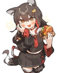 Rule 34 | 1girl, :3, amonitto, animal ear fluff, animal ears, bell, black hair, black shirt, black skirt, black sleeves, blush, burger, choker, cropped shirt, detached sleeves, fang, floral print, food, hair between eyes, hair ornament, hairclip, highres, hololive, jingle bell, kouhaku nawa, long hair, looking at viewer, low-tied long hair, miniskirt, multicolored hair, navel, neckerchief, necktie, ookami mio, ookami mio (1st costume), open mouth, pleated skirt, red choker, red hair, red neckwear, rope, sailor collar, sailor shirt, shimenawa, shirt, side slit, sidelocks, simple background, skirt, sleeveless, solo, star (symbol), streaked hair, tail, tail around own leg, tail wrap, very long hair, virtual youtuber, white background, white legwear, wolf ears, wolf girl, wolf tail, yellow eyes