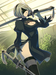 Rule 34 | 1girl, android, artist name, black dress, black footwear, black gloves, black hairband, black thighhighs, blindfold, boots, breasts, cleavage, cleavage cutout, closed mouth, clothing cutout, covered eyes, cowboy shot, dated, dress, dual wielding, gloves, hairband, hand up, highleg, highleg leotard, holding, holding sword, holding weapon, juliet sleeves, katana, leotard, long sleeves, medium breasts, mole, mole under mouth, nier (series), nier:automata, over shoulder, puffy sleeves, short dress, short hair, shunkaku, side slit, signature, silver hair, solo, sword, tassel, thigh boots, thighhighs, turtleneck, unsheathed, vambraces, watermark, weapon, weapon over shoulder, web address, white leotard, 2b (nier:automata)