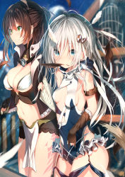 Rule 34 | 2girls, aqua eyes, bikini, blurry, blurry background, blush, body markings, breasts, brown hair, cleavage, clipboard, crescent moon, dress, facial mark, feathers, garter straps, gloves, green eyes, hair between eyes, hair ornament, holding, holding clipboard, jacket, large breasts, long hair, medium breasts, moon, mouth hold, multiple girls, night, open clothes, open jacket, original, paper, partially fingerless gloves, pelvic curtain, railing, revealing clothes, sidelocks, silver hair, skindentation, sky, smile, star (sky), starry sky, sune (mugendai), swimsuit, white bikini, wind