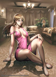Rule 34 | 1girl, arm support, bare legs, bare shoulders, barefoot, blue eyes, blush, breasts, brown hair, carpet, couch, covered erect nipples, curtains, dress, feet, full body, indoors, lamp, lips, long hair, md5 mismatch, original, pink dress, resolution mismatch, room, shadow, short dress, signature, sitting, solo, source smaller, strap slip, wanhsienwei, watermark, web address