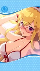 Rule 34 | 1girl, artist request, asclepius (phantom of the kill), bikini, bikini top only, blonde hair, blush, bow, breasts, cleavage, framed image, glasses, gloves, hair between eyes, hand in own hair, headwear request, highres, large breasts, long hair, official art, open mouth, phantom of the kill, pink eyes, swimsuit, white bikini