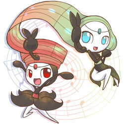 Rule 34 | alternate form, artist request, blue eyes, brown eyes, brown hair, creatures (company), female focus, fortissimo, full body, game freak, gen 5 pokemon, green hair, hair ornament, jumping, legendary pokemon, looking at viewer, meloetta, meloetta (aria), meloetta (pirouette), multiple persona, musical note, musical note hair ornament, mythical pokemon, nintendo, no humans, open mouth, pokemon, pokemon (creature), smile, standing