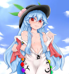 Rule 34 | 1girl, absurdres, blue hair, blue sky, blush, cloud, day, dress, flat chest, food, fruit, full-face blush, hair censor, hat, highres, hinanawi tenshi, king (ougon kingyo-bachi), layered dress, leaf, long hair, looking at viewer, off shoulder, peach, red eyes, ribbon, short sleeves, sky, smile, solo, sweat, touhou, unbuttoned, upper body