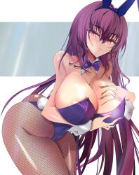 Rule 34 | 1girl, animal ears, bent over, bow, bowtie, breasts, cleavage, detached collar, fake animal ears, fate/grand order, fate (series), fishnet pantyhose, fishnets, grabbing own breast, hairband, highleg, highleg leotard, highres, huge breasts, large breasts, leotard, looking at viewer, official alternate costume, pantyhose, playboy bunny, purple bow, purple bowtie, purple hairband, purple leotard, rabbit ears, red eyes, scathach (fate), scathach (piercing bunny) (fate), solo, strapless, strapless leotard, wrist cuffs, yahoo0124