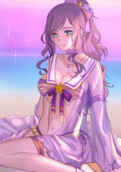 Rule 34 | 1girl, absurdres, alternate costume, alternate hair color, alternate hairstyle, breasts, choker, cleavage, green eyes, highres, janna (league of legends), large breasts, league of legends, long hair, looking at viewer, magical girl, ponytail, purple hair, sandals, star guardian (league of legends), star guardian janna, swimsuit