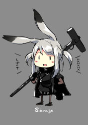 Rule 34 | 1girl, :d, absurdres, animal ears, arknights, black footwear, black jacket, black shirt, black skirt, blush stickers, character name, chibi, commentary request, full body, hammer, highres, holding, holding hammer, holding weapon, jacket, long hair, open clothes, open jacket, open mouth, over shoulder, rabbit ears, sakusyo, savage (arknights), shirt, shoes, sidelocks, silver hair, skirt, smile, solo, standing, striped clothes, striped skirt, translation request, twintails, vertical-striped clothes, vertical-striped skirt, weapon, weapon over shoulder, | |