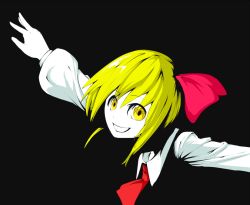 Rule 34 | 1girl, ascot, bad id, bad pixiv id, blonde hair, embodiment of scarlet devil, face, female focus, grin, hair ribbon, horumon, outstretched arms, peptide, ribbon, rumia, short hair, smile, solo, spread arms, touhou, yellow eyes