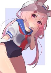 Rule 34 | 1girl, ahoge, animal ear fluff, animal ears, arm behind back, bad id, bad twitter id, hair ornament, hairclip, hand to own mouth, hat, leaning forward, long hair, low twintails, one-piece swimsuit, pink eyes, pink hair, rabbit ears, rabbit tail, school swimsuit, school uniform, see-through, serafuku, shirt, smile, solo, swimsuit, tail, thighs, tomari mari, tomari mari channel, twintails, virtual youtuber, wet, wet clothes, wet shirt, white hat, white shirt