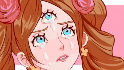 Rule 34 | 1girl, blue eyes, brown hair, charlotte pudding, crying, crying with eyes open, drill hair, earrings, extra eyes, jewelry, lipstick, makeup, one piece, rita ya, sad, solo, tears, third eye, twintails