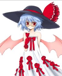 Rule 34 | 1girl, blue hair, dress, female focus, glass, hat, red eyes, remilia scarlet, simple background, solo, sunglasses, touhou, white background, wings