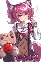 Rule 34 | 1girl, absurdres, animal ear fluff, animal ears, apple, arknights, closed mouth, food, fox ears, fox girl, fox tail, fruit, highres, long sleeves, penguin4, pink hair, purple eyes, shamare (arknights), solo, stuffed animal, stuffed toy, tail, twintails