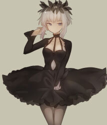 Rule 34 | 1girl, am isuel, black dress, breasts, cleavage cutout, clothing cutout, dress, head wreath, highres, layered dress, lolita fashion, long sleeves, navel cutout, pantyhose, rance (series), short hair with long locks, sidelocks, simple background, small breasts, solo, white hair, yononaka