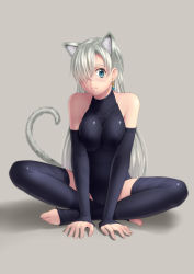 Rule 34 | 10s, 1girl, animal ears, arm support, barefoot, black gloves, black thighhighs, bodysuit, breasts, cat ears, cat tail, covered collarbone, covered erect nipples, earrings, elizabeth liones, feet, fingerless gloves, full body, gloves, grey background, hair over one eye, halterneck, happy, jewelry, kai (link2262), kemonomimi mode, leotard, long hair, looking at viewer, nanatsu no taizai, navel, shadow, silver hair, simple background, sitting, smile, solo, spread legs, tail, thighhighs, thighs, toeless legwear, toes, very long hair