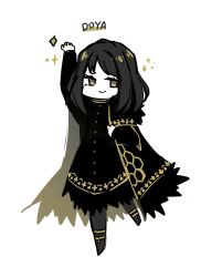 Rule 34 | 0o0onnk, 1girl, arm up, black cape, black dress, black eyes, black footwear, black hair, boots, cape, closed mouth, dress, full body, fur-trimmed cape, fur-trimmed dress, fur trim, highres, library of ruina, looking to the side, medium hair, project moon, smile, smug, solo, zena (project moon)