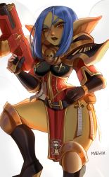 Rule 34 | 1girl, absurdres, adepta sororitas, armor, armored boots, artist name, belt, black gloves, black lips, blue hair, bolter, boobplate, boots, breastplate, colored skin, commentary, english commentary, female goblin, fleur-de-lis, gloves, goblin, green skin, hand on own hip, highres, large ears, looking at viewer, maewix (artist), orange eyes, original, pelvic curtain, pointy ears, sidelocks, solo, thick eyebrows, thighs, warhammer 40k, weapon, wide hips