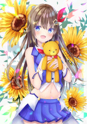 Rule 34 | 1girl, absurdres, ankimo (tokino sora), bad id, bad pixiv id, blouse, blue eyes, brown hair, commentary request, floral background, flower, hair flaps, highres, hololive, huge filesize, long hair, looking at viewer, miniskirt, navel, open mouth, ribbon, shirt, skirt, sleeveless, solo, stuffed animal, stuffed toy, sunflower, teddy bear, tokino sora, tokino sora (1st costume), virtual youtuber, waist cape, white shirt
