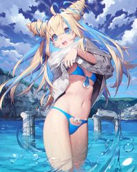Rule 34 | 1girl, :d, ahoge, bikini, blonde hair, blue bikini, blue eyes, blue hair, blue sky, blunt bangs, breasts, cleavage, cloud, cloudy sky, commentary request, cone hair bun, double bun, hair between eyes, hair bun, highres, lake, long hair, long shirt, looking at viewer, mandrill, midriff, multicolored hair, navel, open mouth, original, ruins, sidelocks, sky, smile, solo, streaked hair, swimsuit, twintails, two-tone hair, undressing, wet, wet clothes, wet swimsuit
