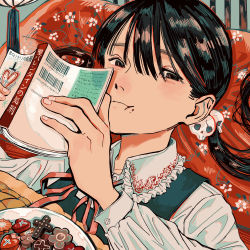 Rule 34 | 1girl, absurdres, apron, barcode, bed, black eyes, black hair, blouse, book, candy, chewing, chocolate, chocolate heart, closed mouth, collared shirt, commentary request, cross, eating, food, food on face, frilled shirt collar, frills, hair ornament, hands up, heart, highres, holding, holding book, huge filesize, long hair, long sleeves, looking at viewer, lying, neck ribbon, on back, original, pillow, plate, reading, red ribbon, ribbon, school uniform, shirt, skull hair ornament, solo, tassel, tomei ningen, translation request, twintails, under covers, upper body, white shirt