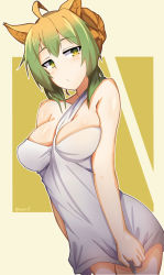 Rule 34 | 1girl, ahoge, animal ears, atalanta (fate), bare arms, bare shoulders, between breasts, blush, breasts, bright pupils, closed mouth, cowboy shot, dress, dutch angle, fate/apocrypha, fate (series), gradient hair, green eyes, green hair, highres, large breasts, looking at viewer, multicolored eyes, multicolored hair, myumi, slit pupils, solo, standing, toga, twitter username, white dress, yellow eyes