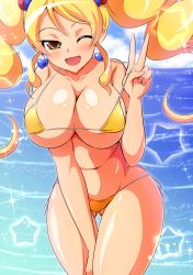 Rule 34 | 10s, 1girl, aokura shou, bikini, blonde hair, breasts, brown eyes, collarbone, cure honey, curvy, earrings, female focus, happinesscharge precure!, highres, huge breasts, jewelry, leaning forward, long hair, long twintails, looking at viewer, ocean, one eye closed, open mouth, outdoors, precure, solo, standing, string bikini, summer, swimsuit, thick thighs, thigh gap, thighs, twintails, wink, yellow bikini