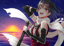 Rule 34 | 1girl, :d, armpits, backlighting, bare shoulders, black gloves, black hair, blue sky, blush, brown eyes, buttons, cloud, double-breasted, elbow gloves, floating hair, floating scarf, from side, gloves, gradient sky, hair ornament, holding, holding torpedo, horizon, kantai collection, looking at viewer, looking to the side, mikan (chipstar182), neckerchief, night, ocean, open mouth, purple sky, red neckerchief, red sash, red shirt, sailor collar, sash, scarf, school uniform, sendai (kancolle), serafuku, shirt, short hair, sky, smile, solo, sun, sunset, teeth, torpedo, two-tone shirt, two side up, upper body, white sailor collar, white scarf, white shirt