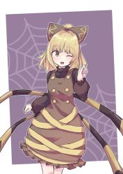 Rule 34 | 1girl, ;d, arthropod limbs, blonde hair, border, bow, brown bow, brown dress, dark background, dress, hair bow, highres, kalmia495, kurodani yamame, long sleeves, looking at viewer, one eye closed, open mouth, short hair, silk, smile, solo, spider web, spider web background, standing, touhou, white border, yellow eyes