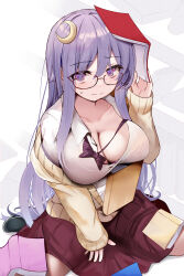 Rule 34 | 1girl, blush, book, bow, bowtie, breasts, cleavage, closed mouth, collarbone, collared shirt, crescent, crescent hair ornament, efe, glasses, hair ornament, highres, holding, holding book, large breasts, long hair, long sleeves, looking at viewer, patchouli knowledge, purple bow, purple bowtie, purple eyes, purple hair, purple skirt, shirt, sitting, skirt, solo, touhou, wariza, white shirt