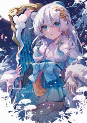 Rule 34 | 1girl, absurdres, ai xiao meng, blue eyes, closed mouth, cross (weapon), earrings, flower, hair between eyes, hair ornament, harp, highres, holding, holding instrument, holding weapon, honkai (series), honkai impact 3rd, instrument, jewelry, leaf, long hair, long sleeves, looking afar, moon, night, night sky, petals, skirt, sky, solo, theresa apocalypse, zhuge kongming (honkai impact), weapon, white hair, white legwear, zhuge kongming (honkai impact)
